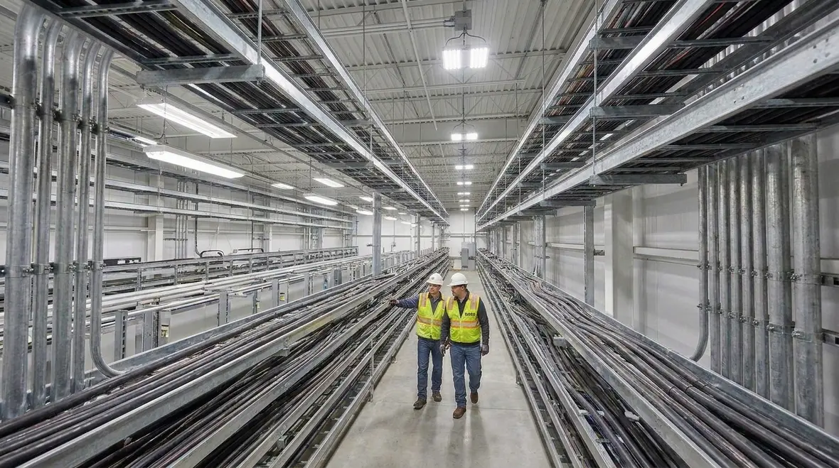 Kord Electric technicians checking NEC conductor count raceway limits on site
