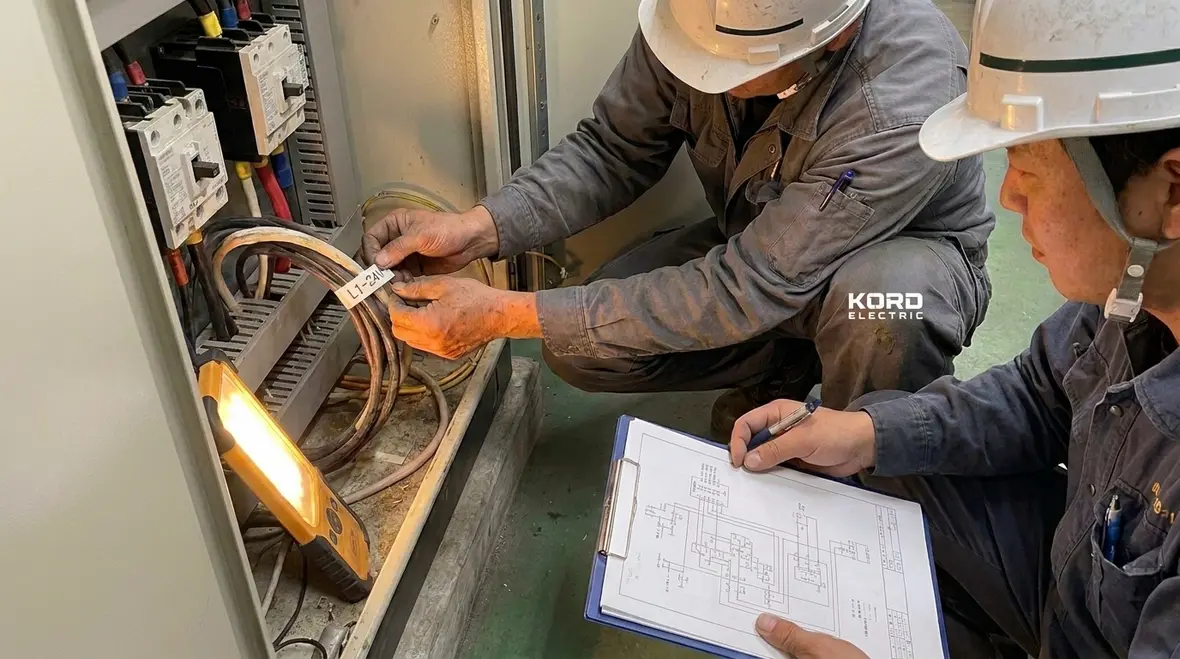 Technician verifying NEC conductor marking requirements during inspection