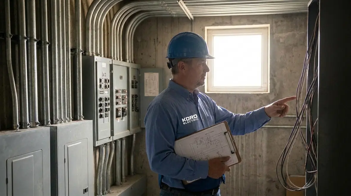 Technician reviewing NEC conductor sizing diagrams