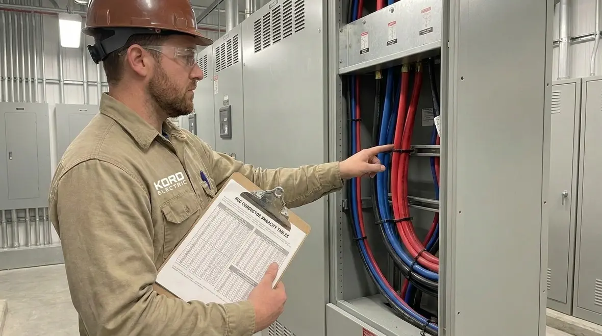 Commercial electrical room with conductors and overcurrent devices coordinated by NEC calculations