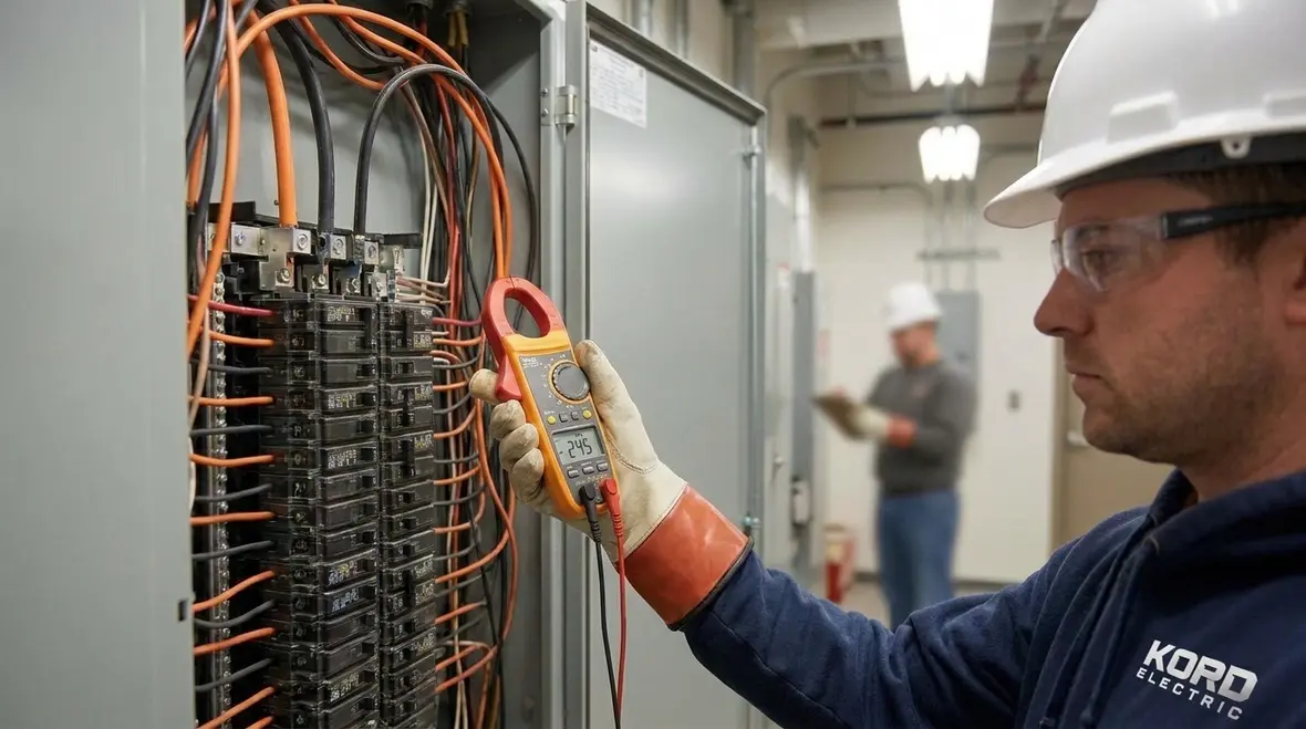 Technician reviewing NEC conductor overcurrent protection settings in a commercial electrical panel