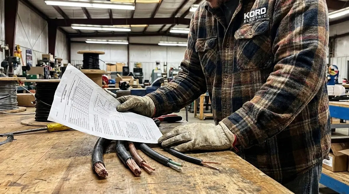 Inspector checking conductor markings and listings on a commercial job