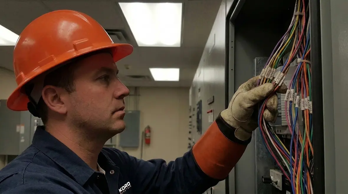Technician reviewing NFPA 70 Section 310.4 conductor construction details in a commercial electrical room
