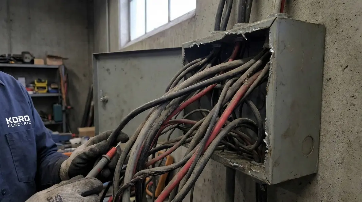 Close-up of protected conductors entering an electrical junction box