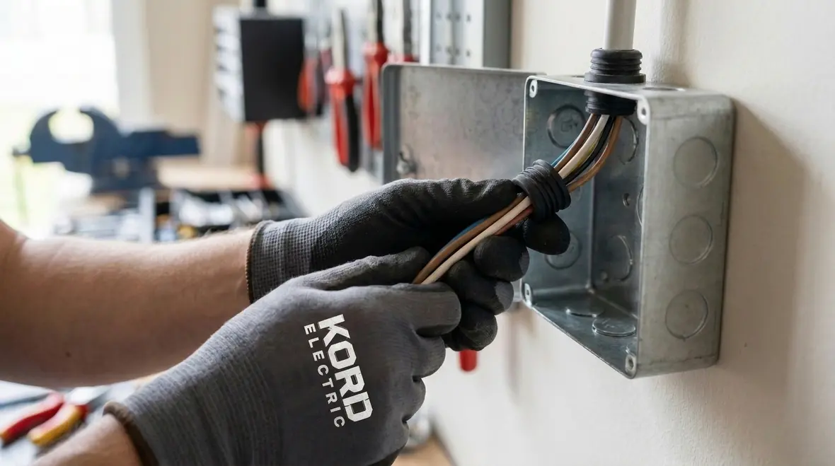 Electrician checking NEC conductors entering boxes for proper protection