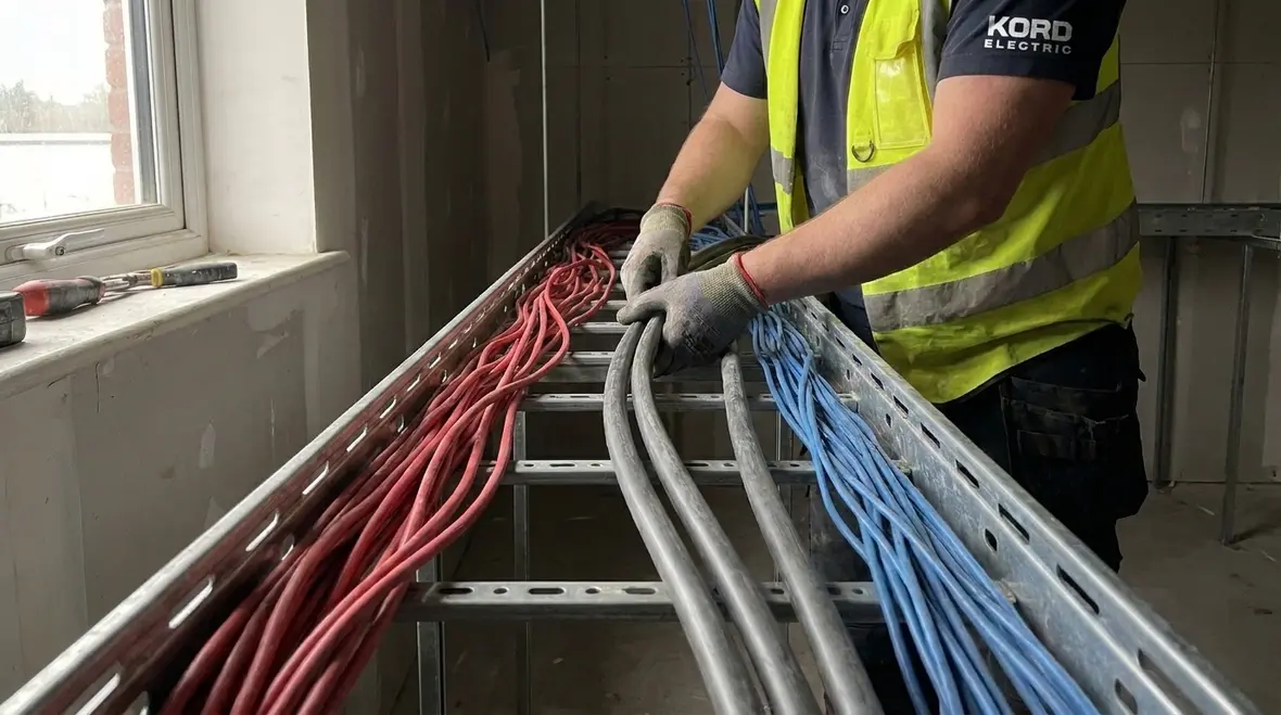 Electrician routing NEC conductors with other systems in a commercial facility