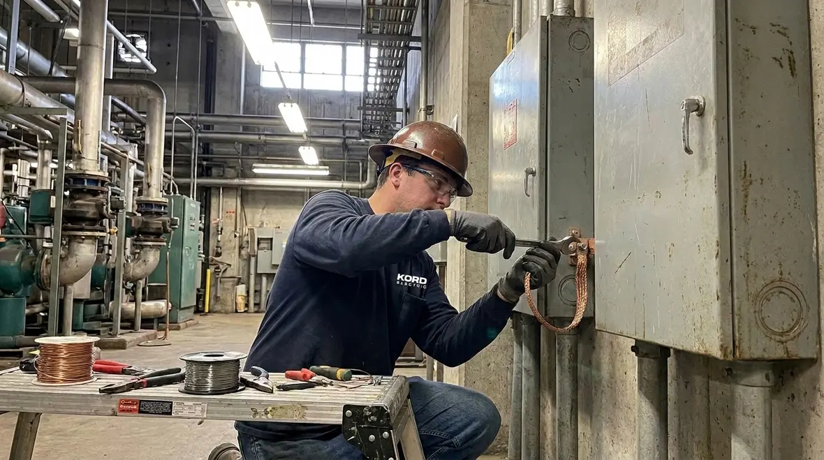 Technician confirming bonding and grounding continuity on industrial equipment