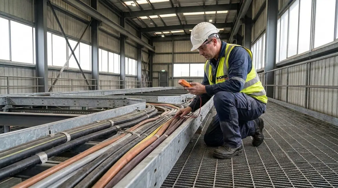 Electricians reviewing NEC deteriorating agents protection requirements in a commercial facility