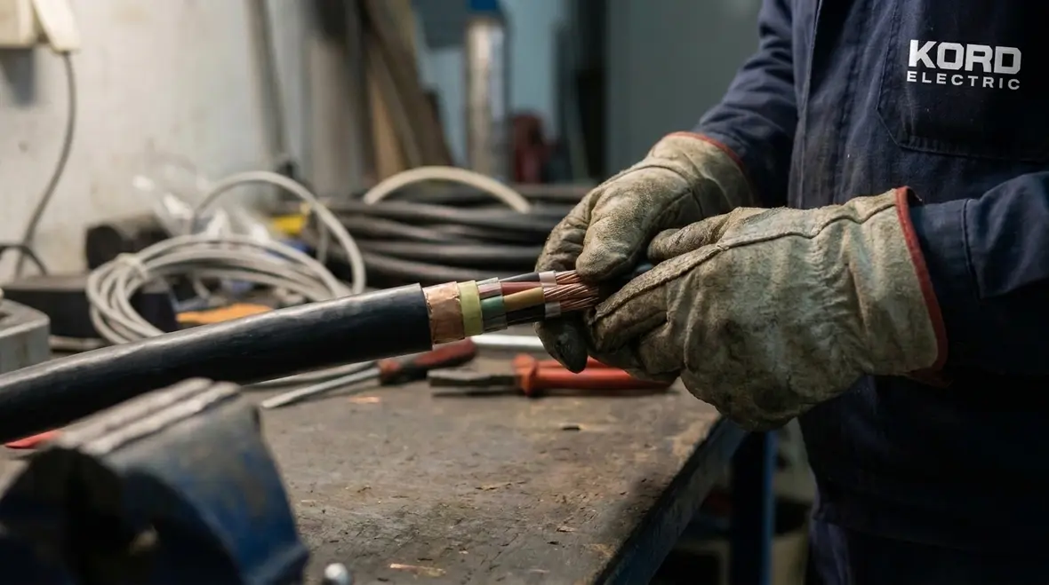 Close-up of medium voltage cable construction and insulation for direct burial applications