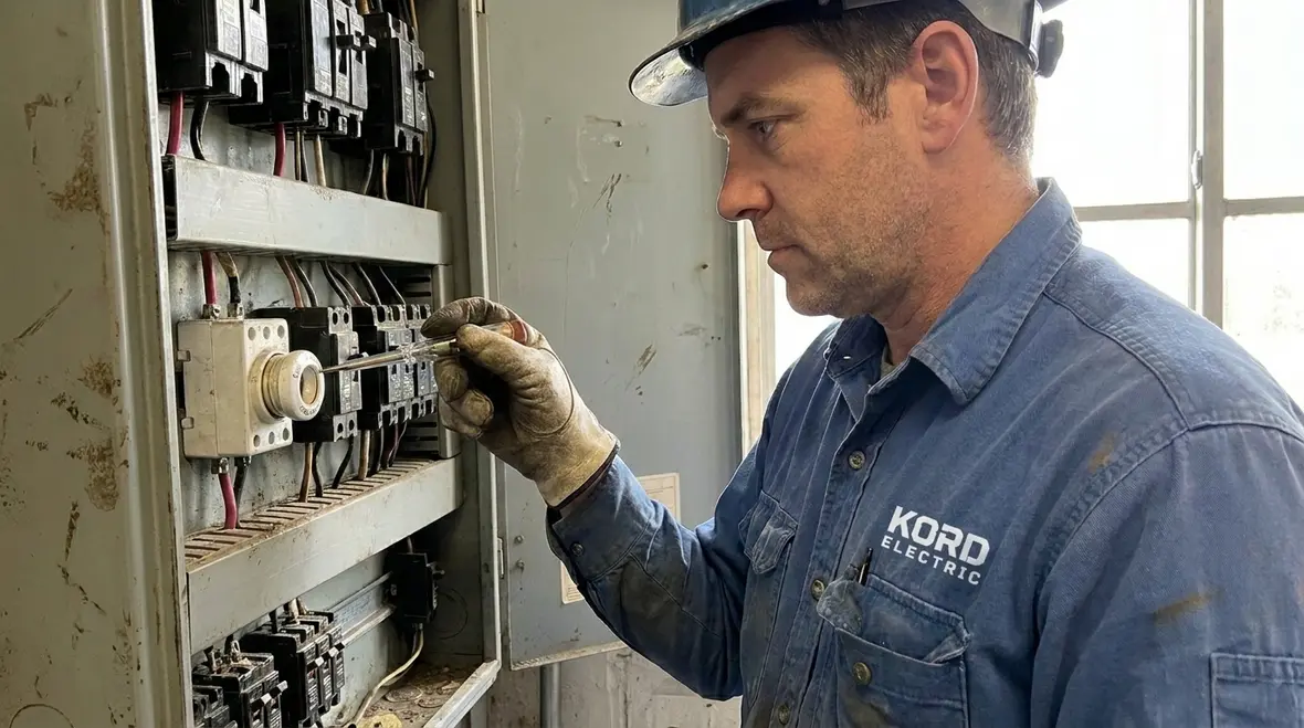 Electrician inspecting NEC edison base fuseholders in a commercial panel