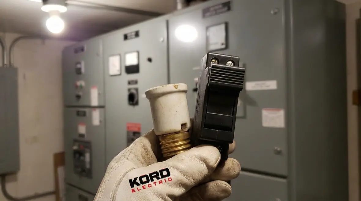 Industrial electrical room with edison base fuseholders and overcurrent protection