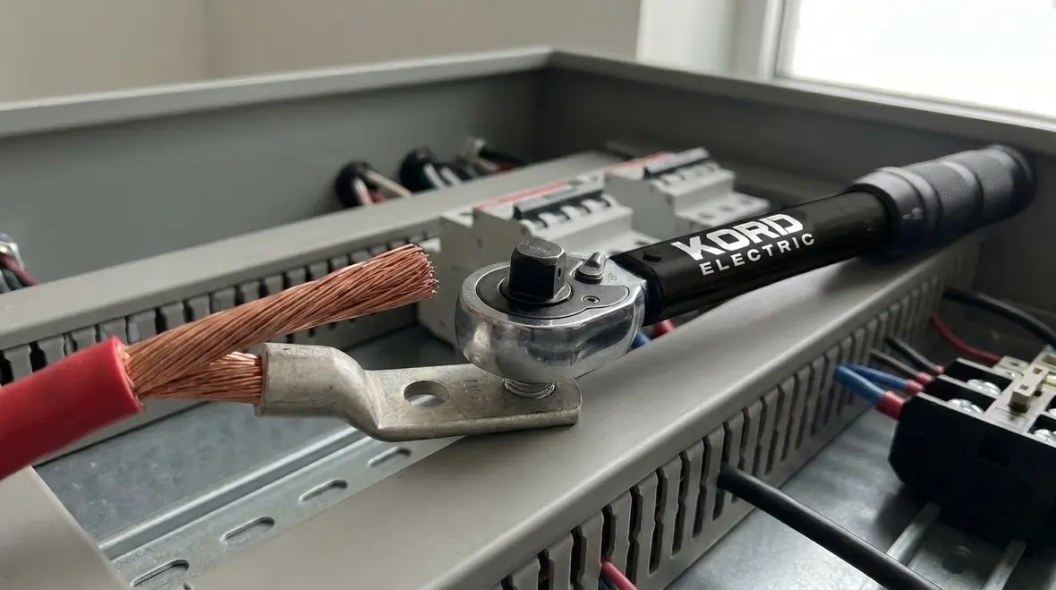 Inspector reviewing commercial electrical terminations for NEC connection quality