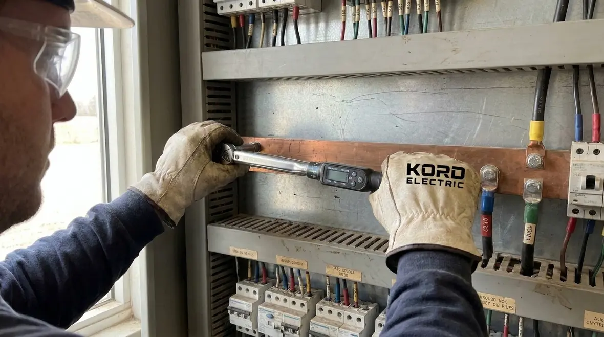 Electrician checking NEC electrical connection quality standards inside a commercial panel