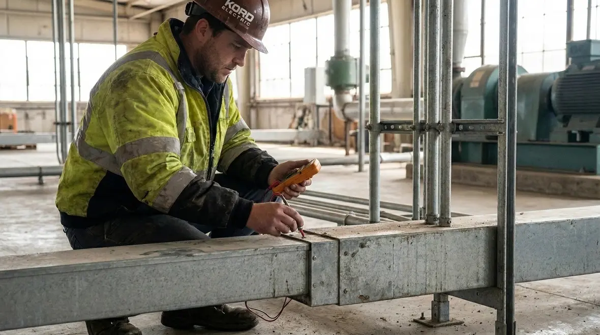 Technician inspecting NEC electrical continuity raceways armor in a commercial facility