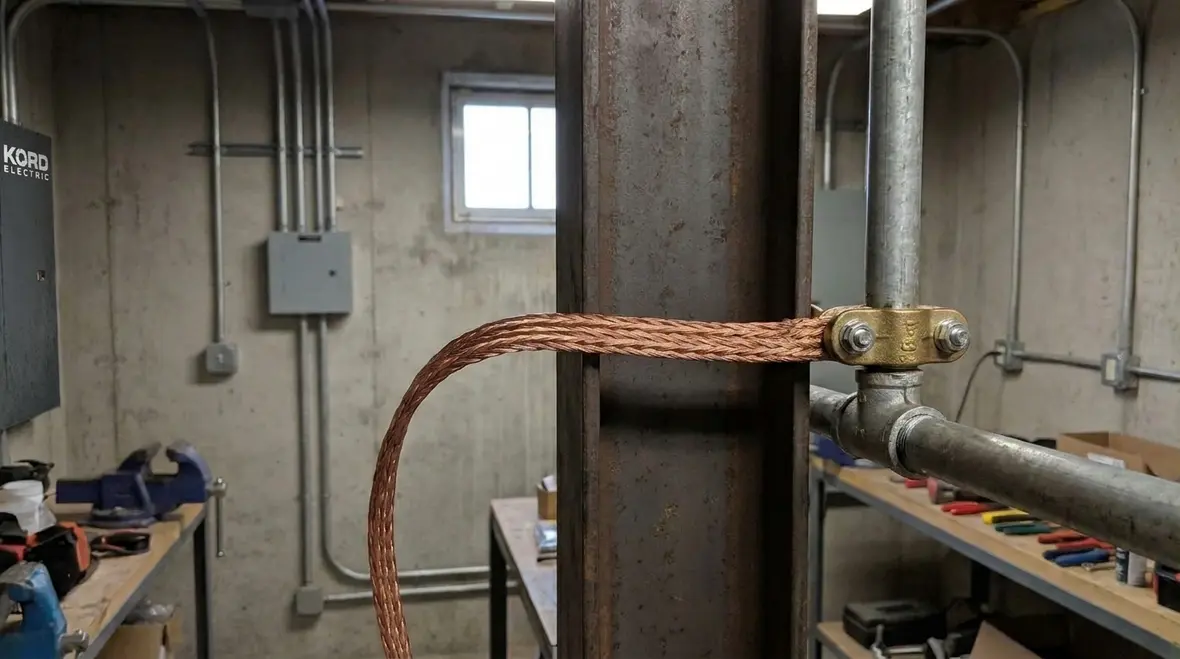 Close up of high quality NEC-compliant grounding connection