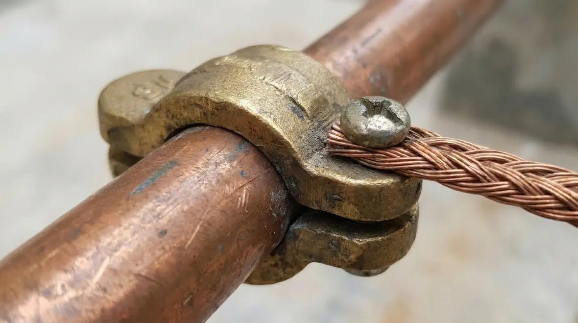 Electrician inspecting NEC GEC bonding jumper connections at a commercial service