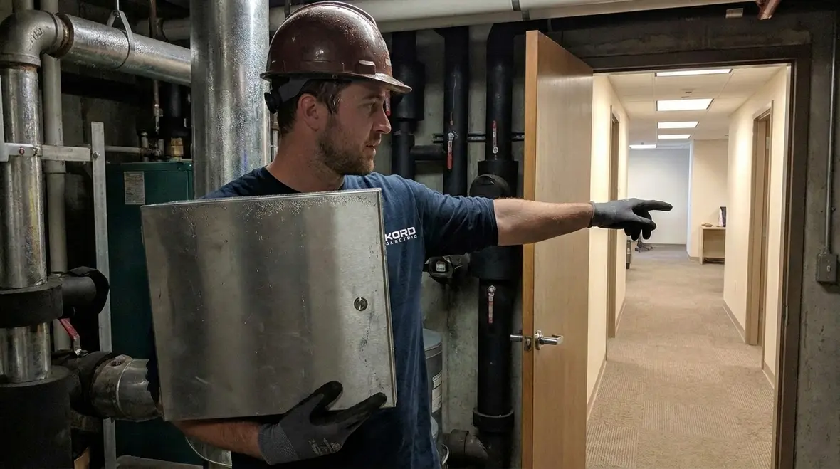 Kord Electric technician explaining NEC 110.28 enclosure details during a commercial site walk