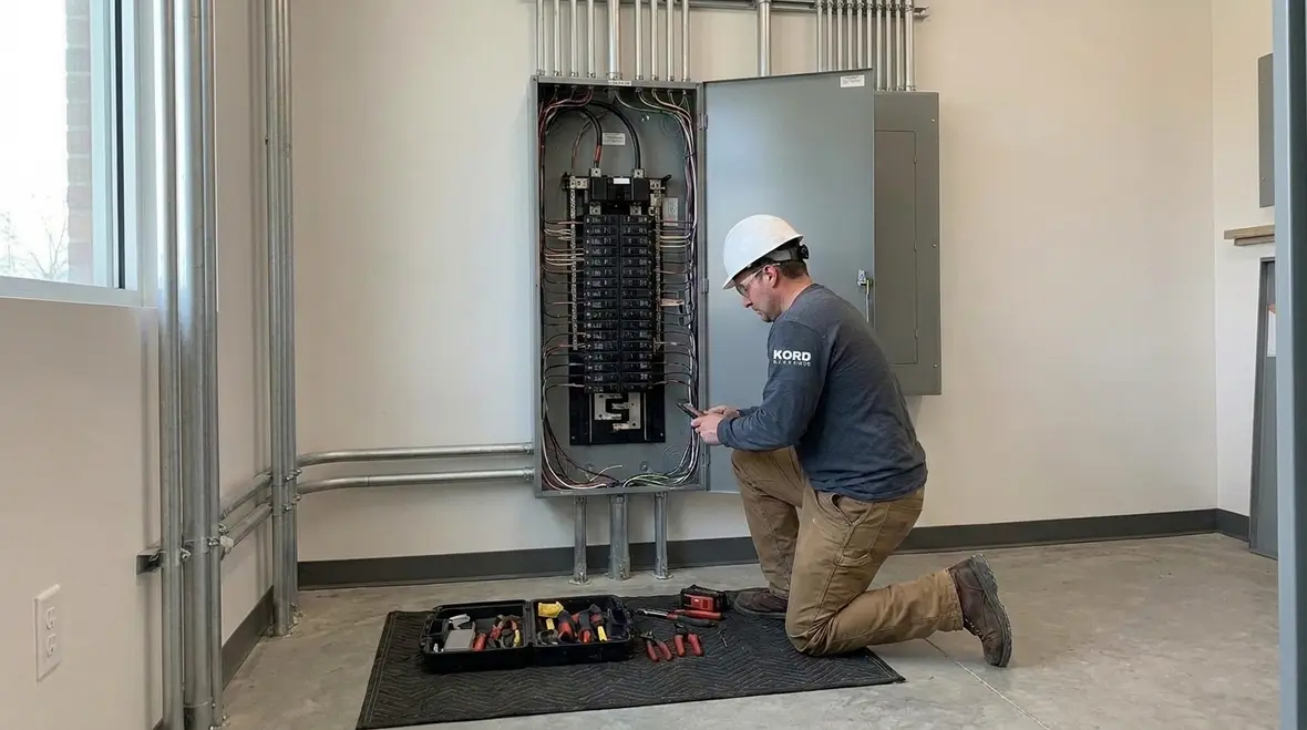 Electrician reviewing NEC enclosures working space rules in a commercial electrical room