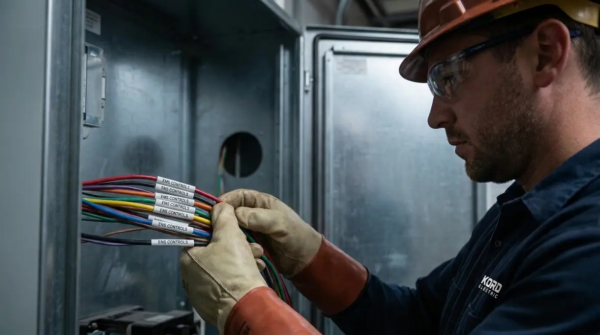 Technician reviewing NEC EMS conductors equipment code requirements for NFPA 70 Section 130.60