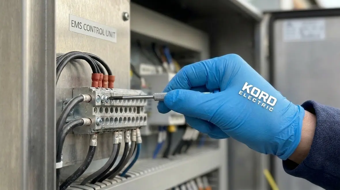 Close-up of EMS terminations and conductor support in an NEC compliant panel
