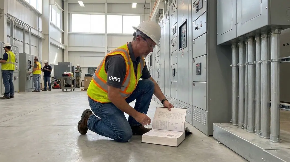 Technician reviewing NEC EMS listing requirements on emergency electrical equipment