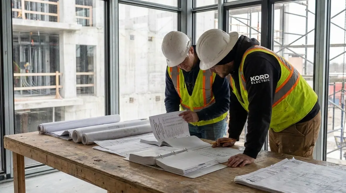Technician reviewing NEC dwelling unit load calculation for a commercial project
