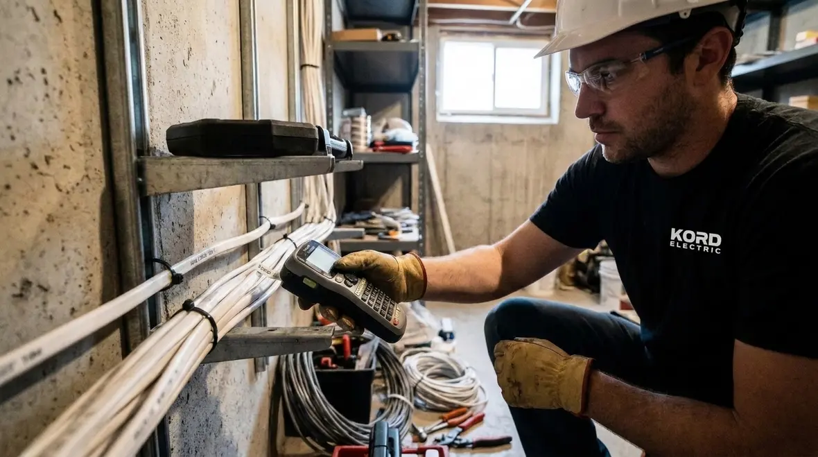 Technician reviewing NEC exposed NM cable work in a commercial facility