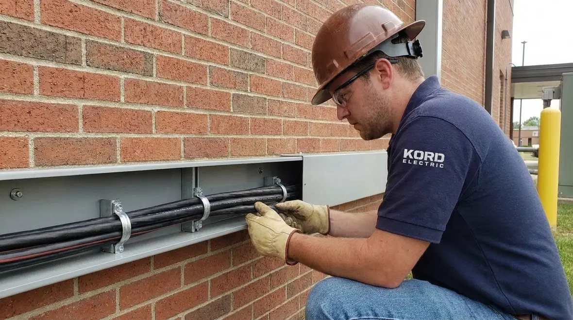 Technician inspecting NEC exterior multiconductor cable rules compliance on a commercial building