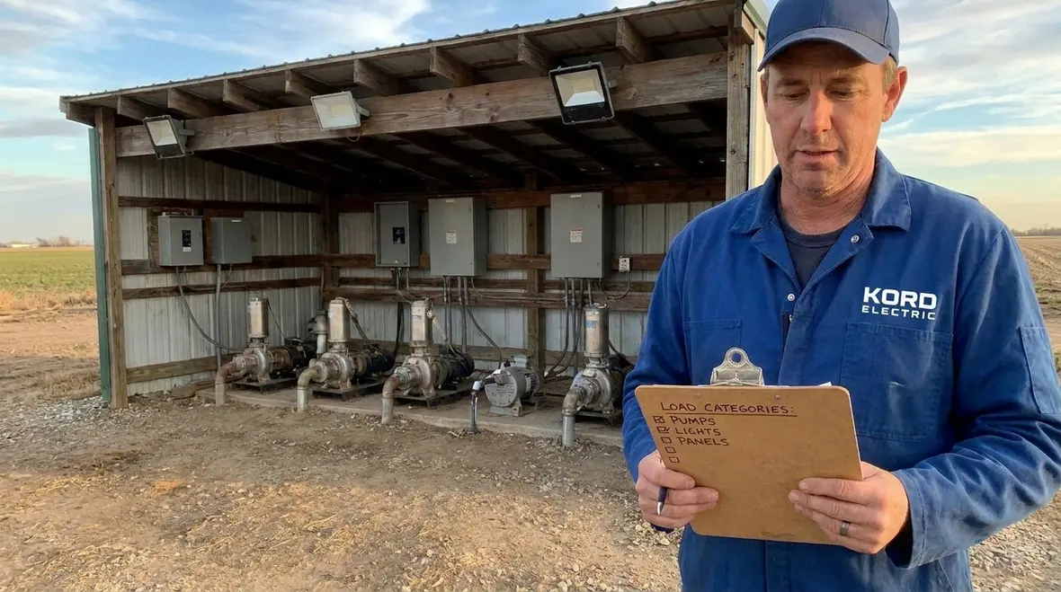Technician reviewing NEC farm total load calculation for an agricultural building