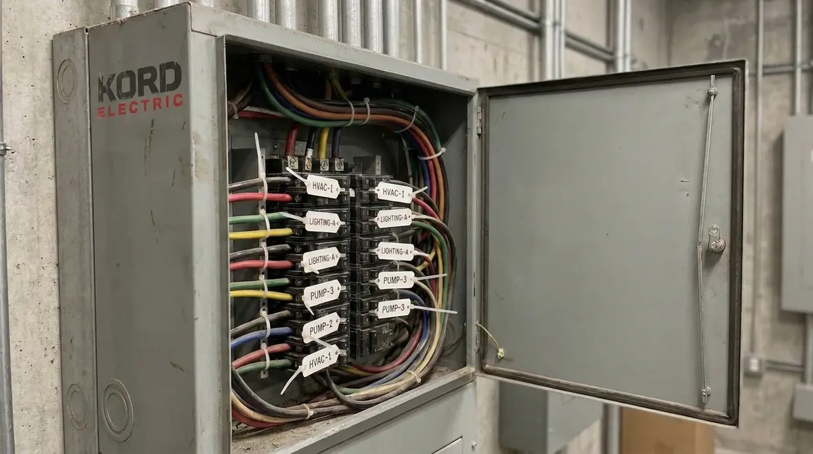 Labeled feeder conductors routed between commercial distribution equipment