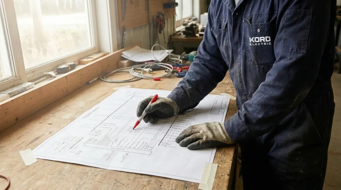 Technician reviewing NEC feeder diagrams marking rules on a commercial electrical panel