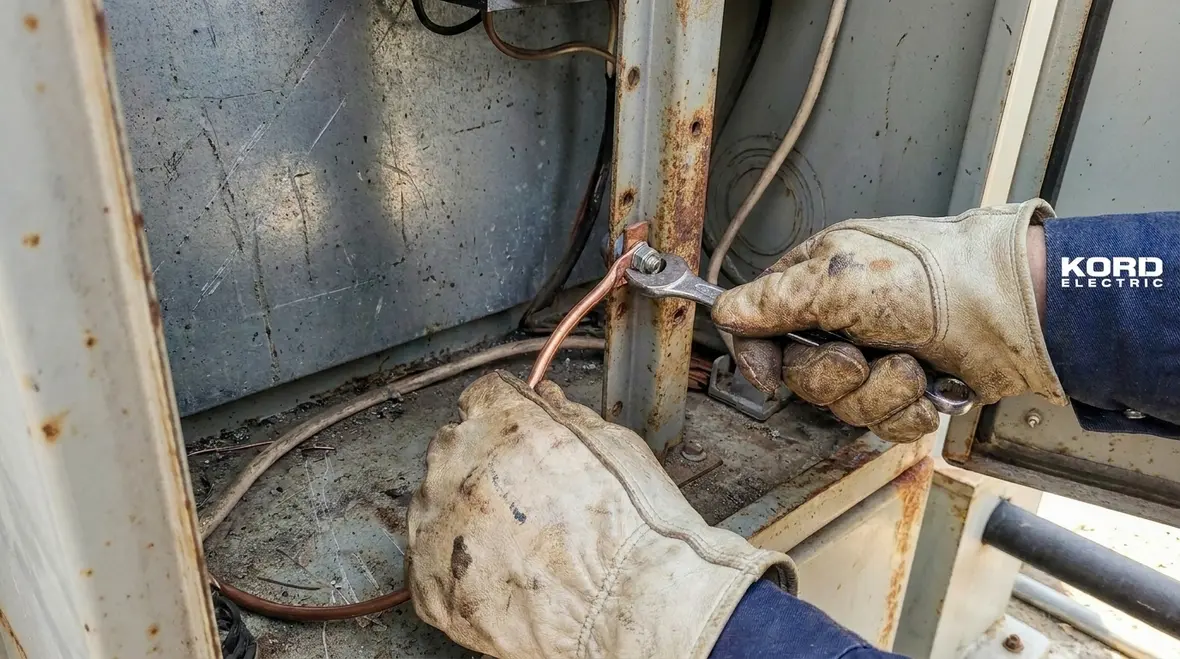 Commercial electrical room with grounded feeder equipment and labeled conductors