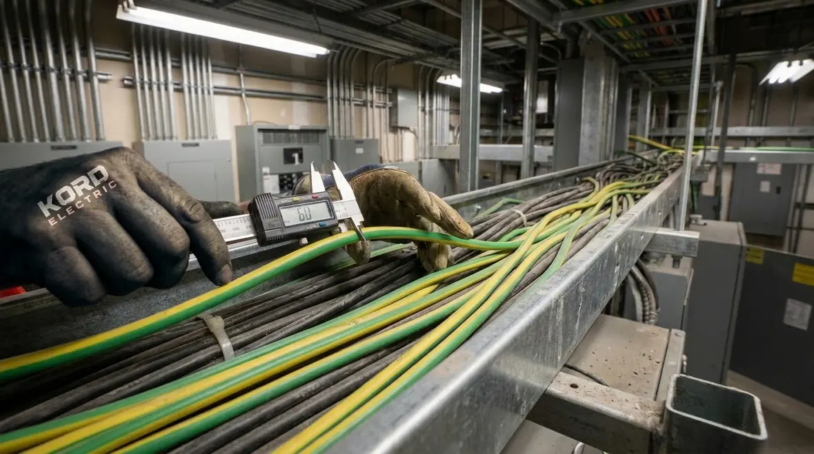 Electrician verifying NEC feeder equipment grounding conductor in a commercial electrical room