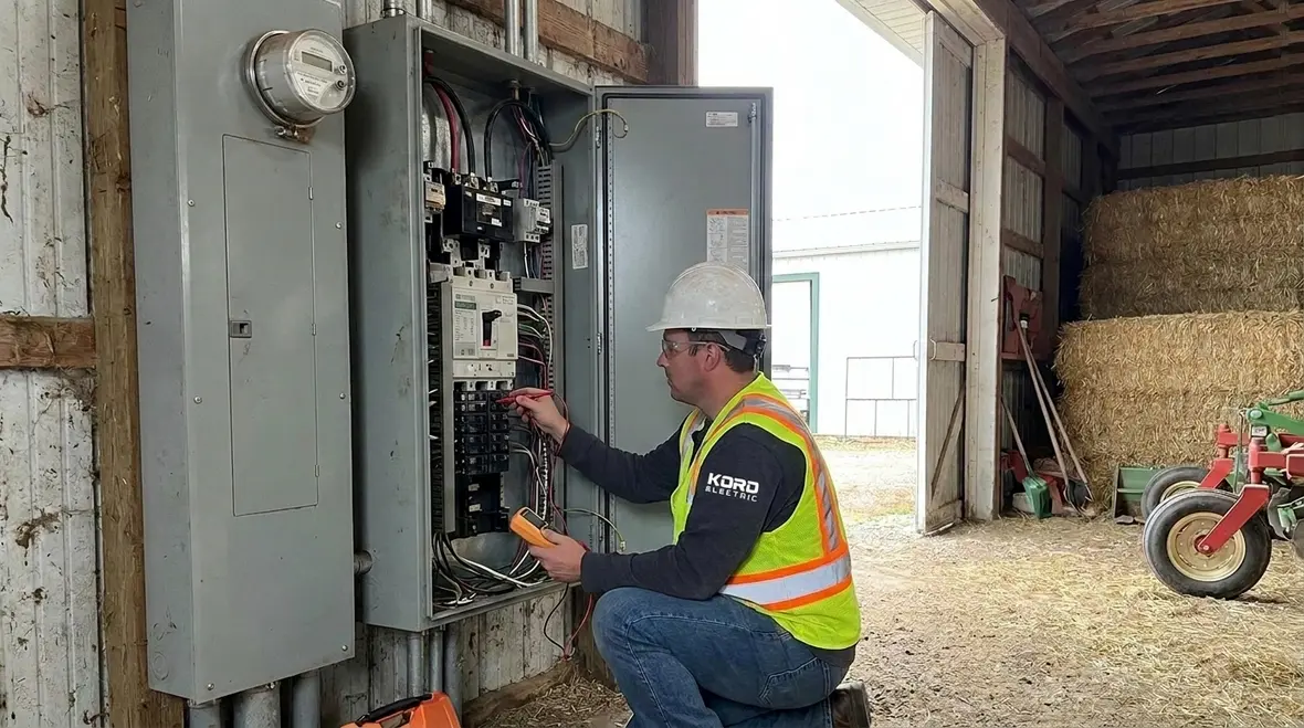 Technician reviewing NEC farm load calculation general service layout