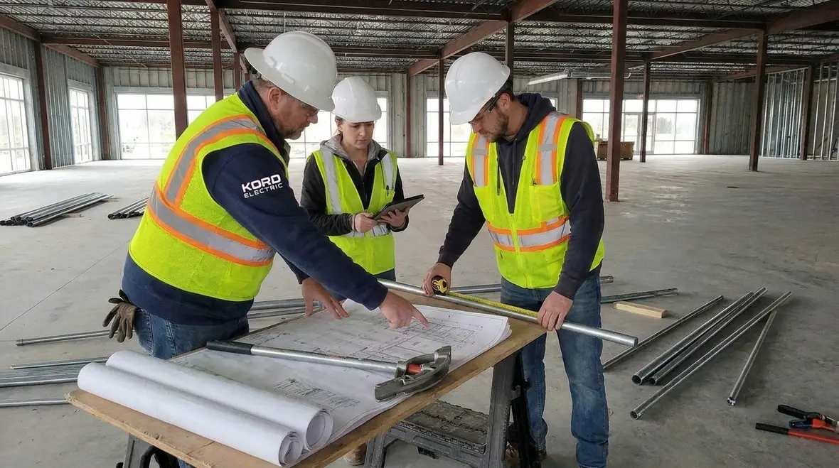 Electrician planning NEC-compliant raceway bends with conduit layout on a commercial project