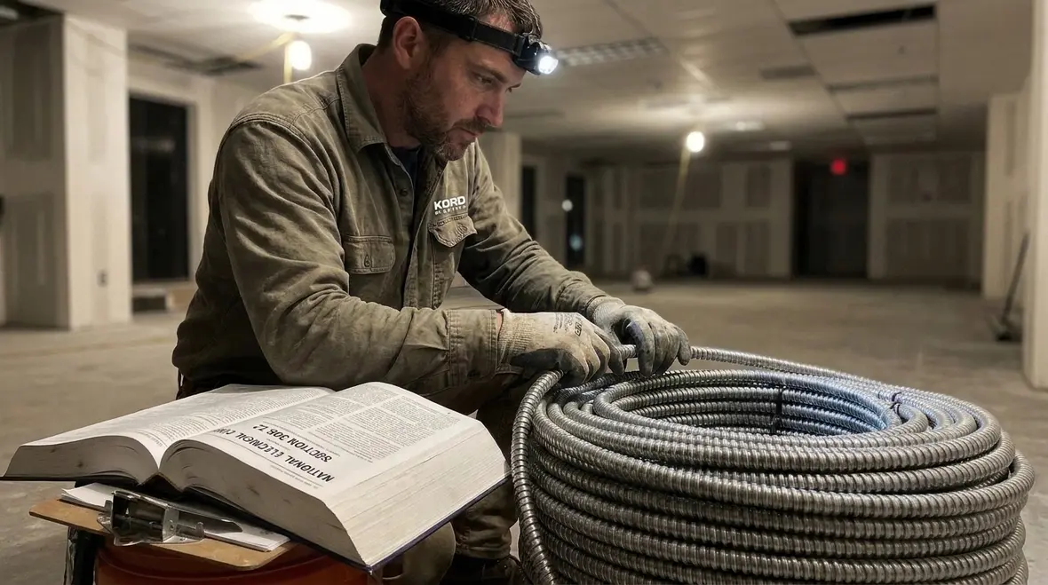 Electrician reviewing NEC flexible metal conduit limitations on a commercial project