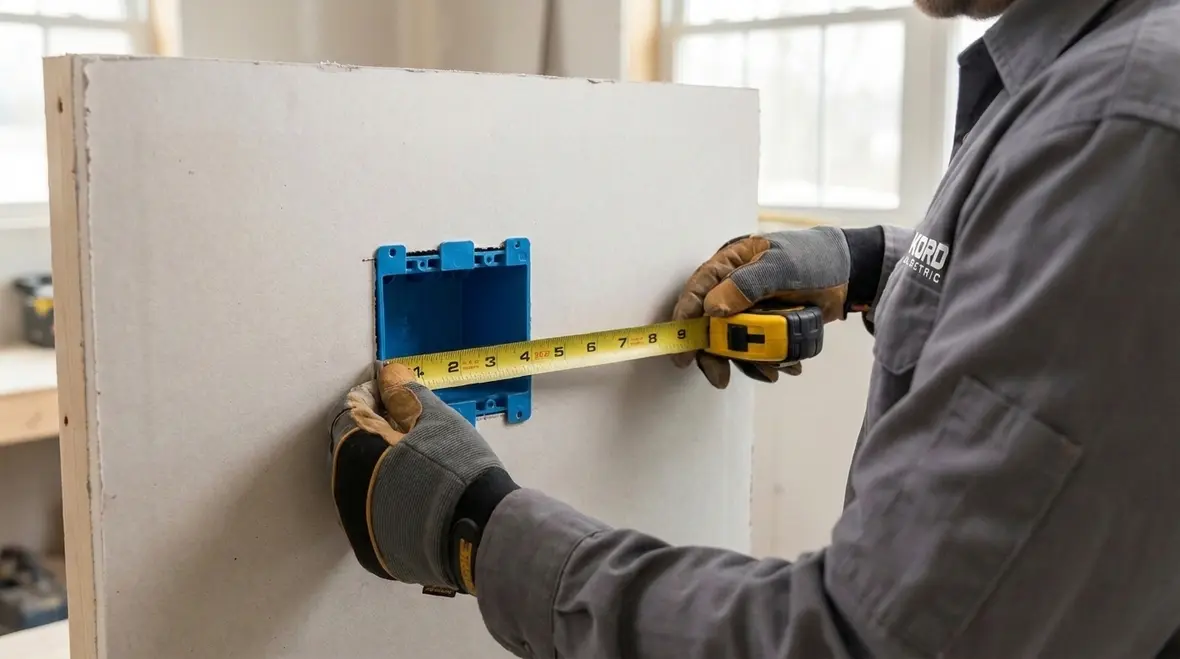 Technician verifying NEC flush mounted installations for a commercial wall