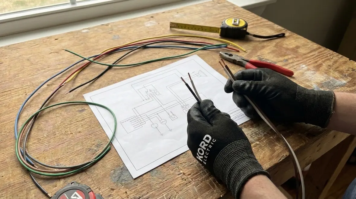 Technician checking NEC free conductor length against plan