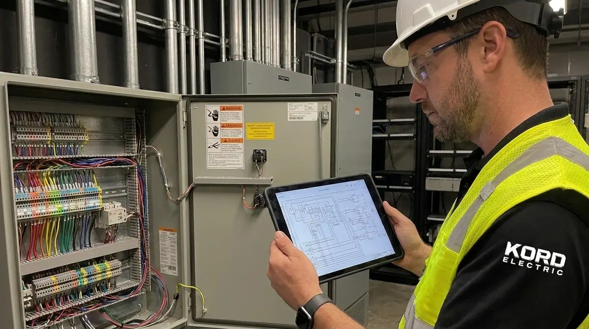 Technician reviewing NEC fuse disconnecting means on a one-line diagram