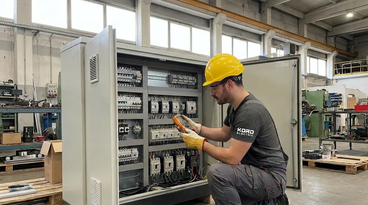 Electrician inspecting an NEC fuse disconnecting means in a commercial panel