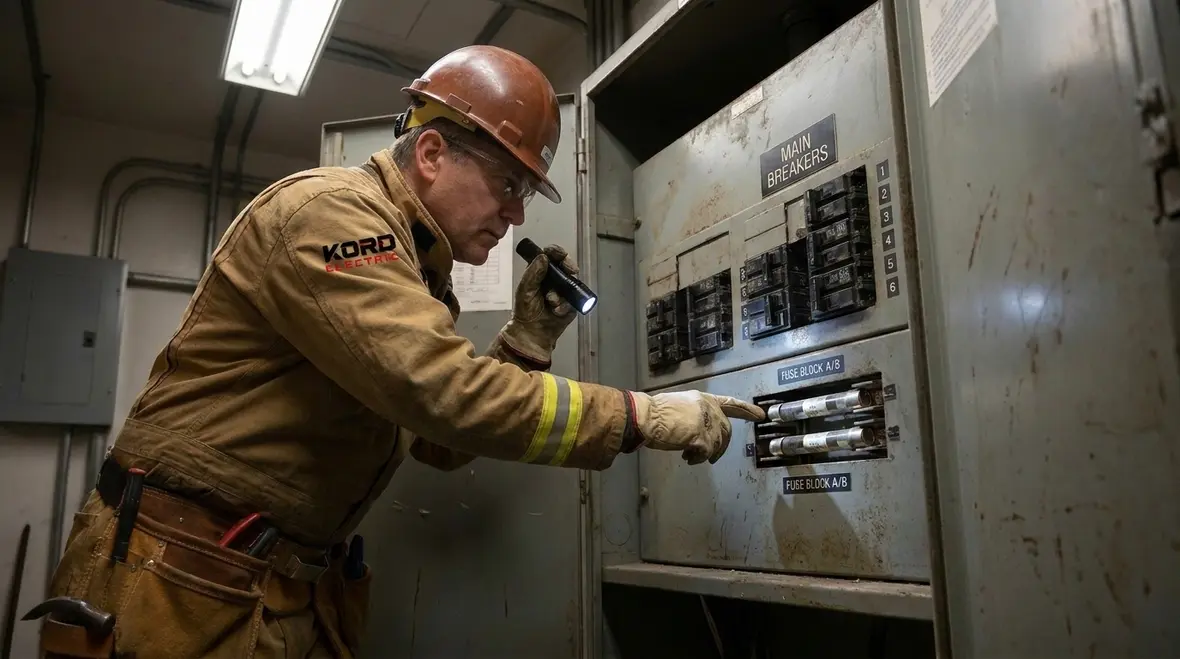 Technician reviewing NEC Section 240.8 parallel overcurrent protection design