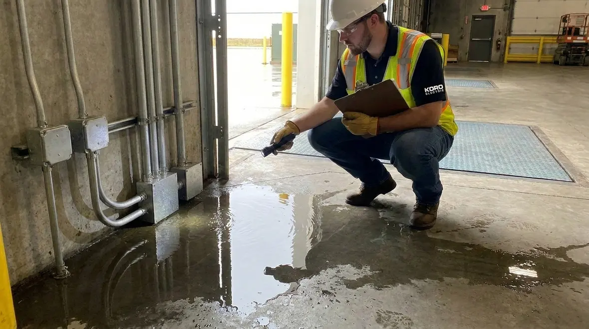 Technicians assessing damp and wet electrical locations