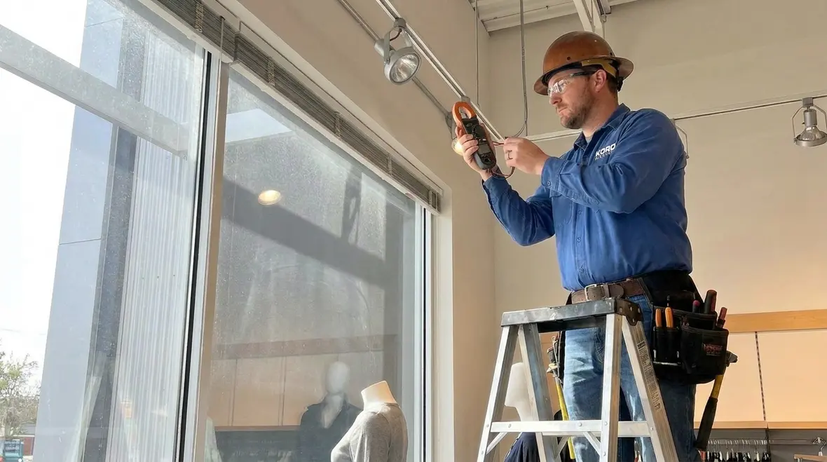 Electrician reviewing NEC show window track lighting loads on commercial plans