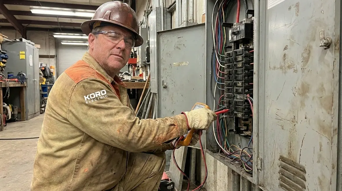 Technician documenting NEC show window track lighting loads on a panel schedule