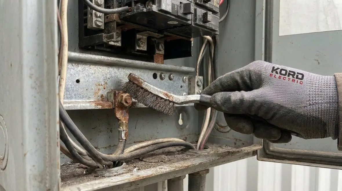 Cleanly prepared NEC 2 kV ground clamps installed on a commercial grounding bar