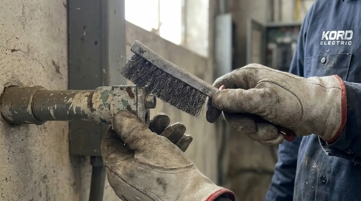 Technician cleaning grounding contact surface before bonding