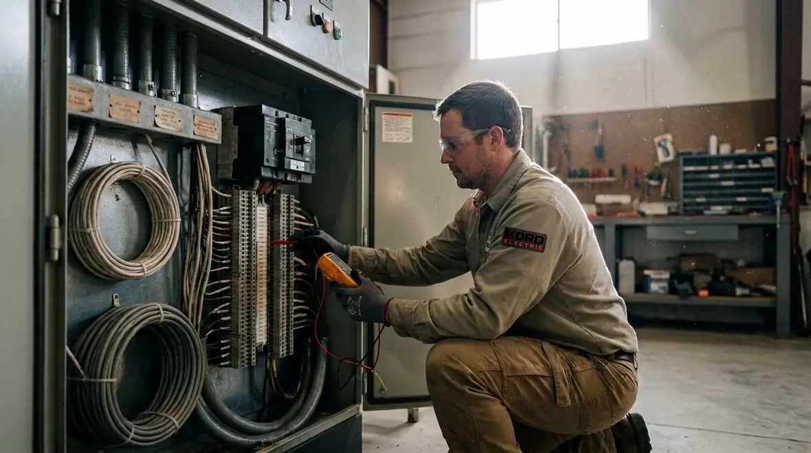 Technicians troubleshooting power quality issues caused by grounded conductor disconnection