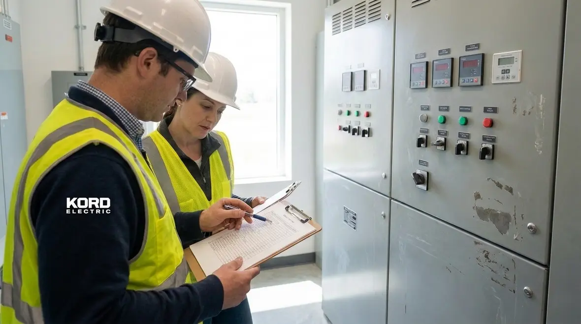 Technician reviewing NEC high voltage disconnect control cabinet