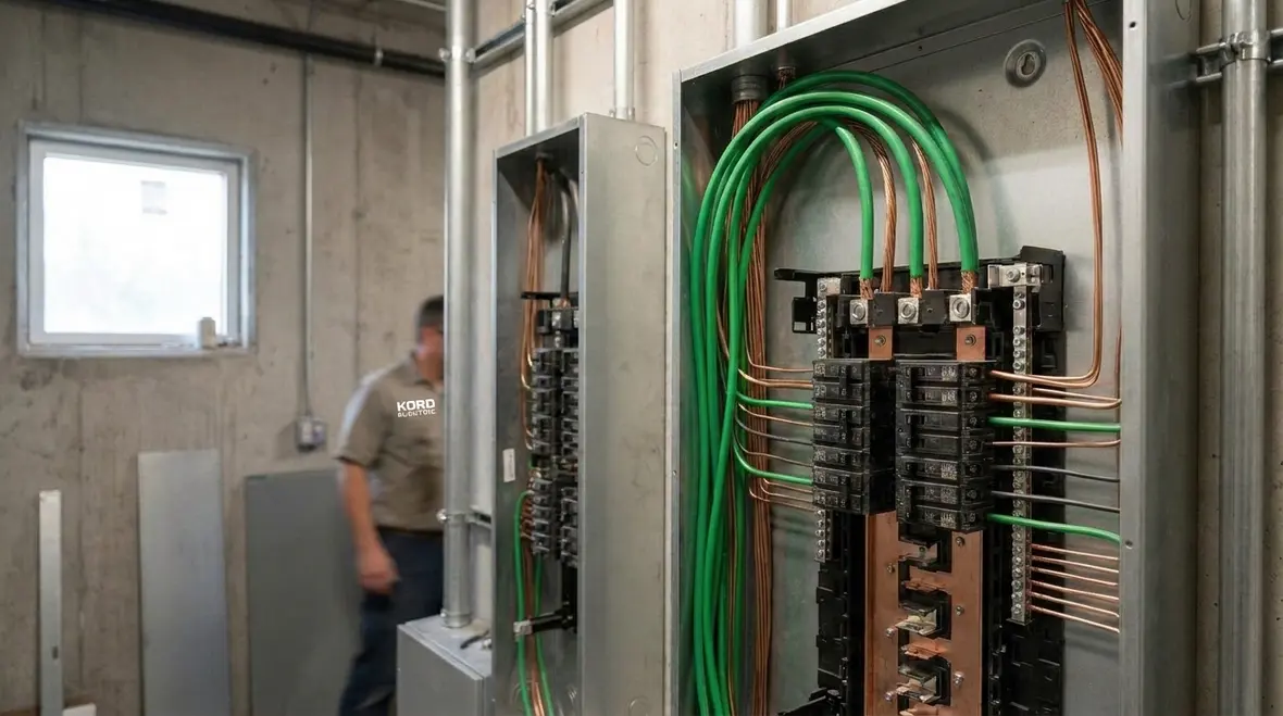 Service technician reviewing NEC grounded conductor disconnection rules on commercial switchgear
