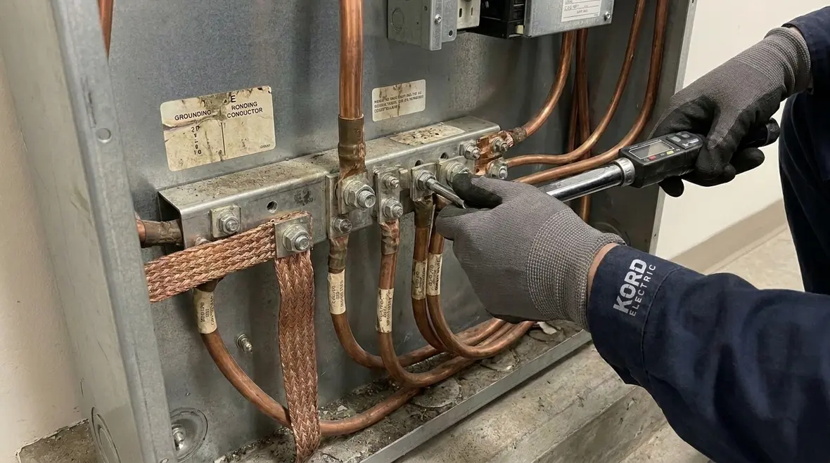 Electrician checking bonding and grounded conductor terminations in a commercial panel